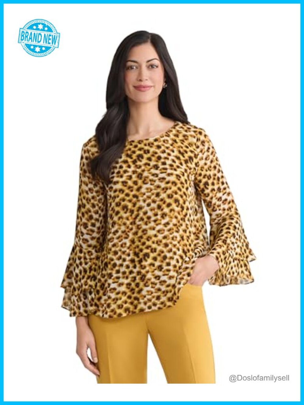 Animal Print Tiered Ruffle Sleeve Blouse Boat Neck Classic Fit